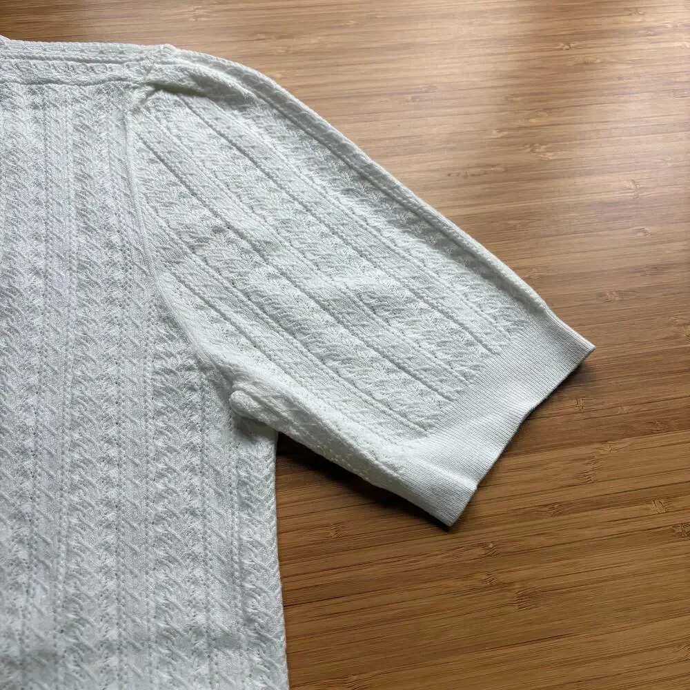 Madewell Medium White Signature Open Knit Sweater Tee Puff Sleeve Keyhole